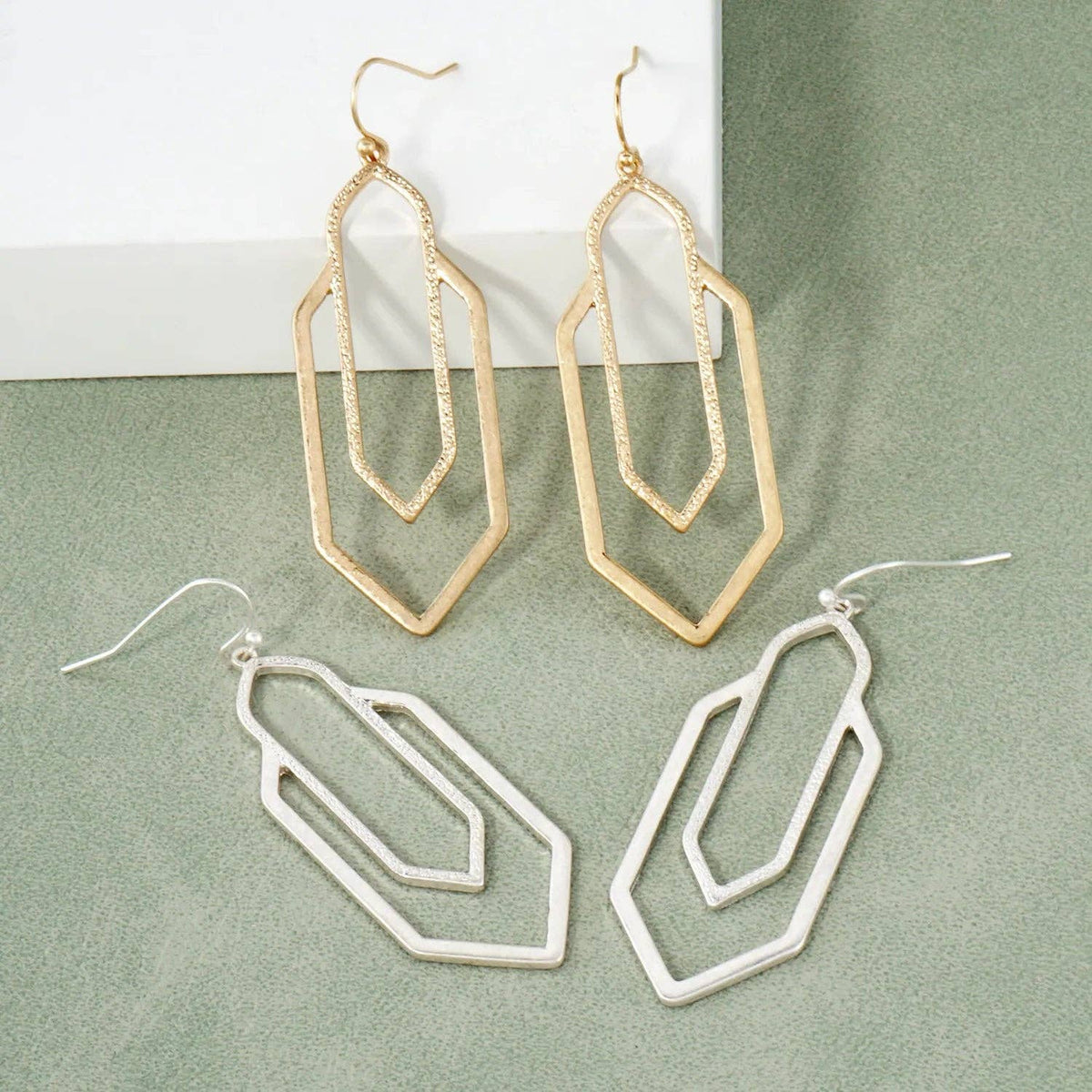 Worn Silver Textured Geometric Drop Earrings