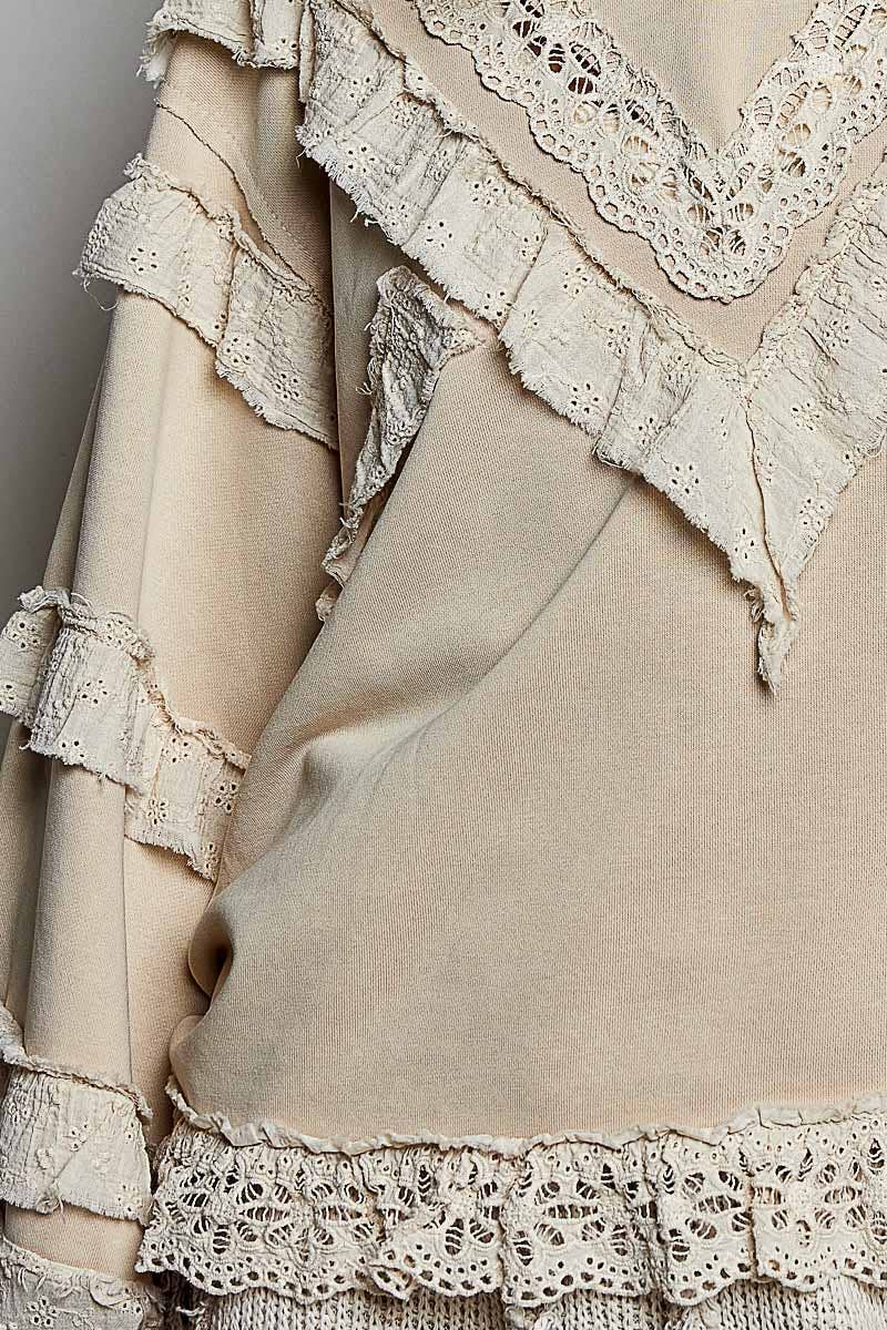 French Terry Eyelet Ruffle Vintage Washing Solid Knit Top