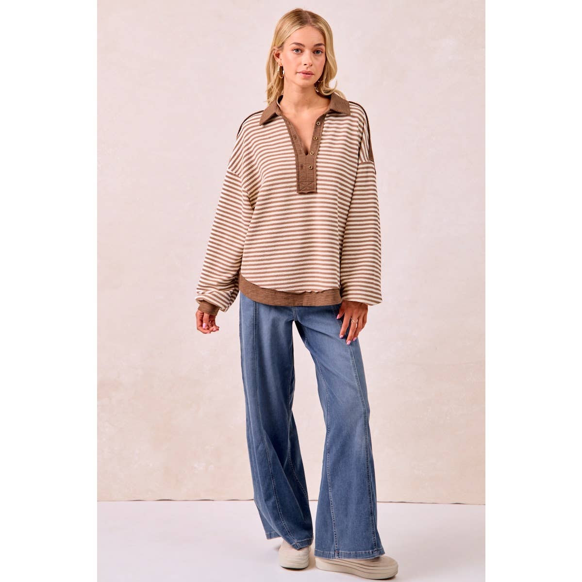 SLUB KNIT AND STRIPES MIX AND MATCH COLLARED TOP