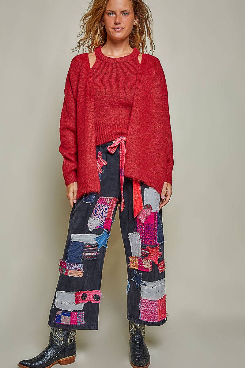 Red Wine Ribbed Knit Cardigan & Top Set