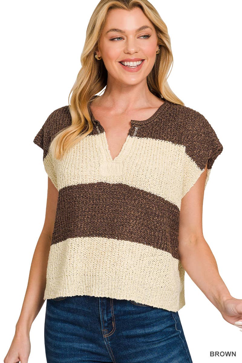 Split Neck Sleeveless Stripe Sweater