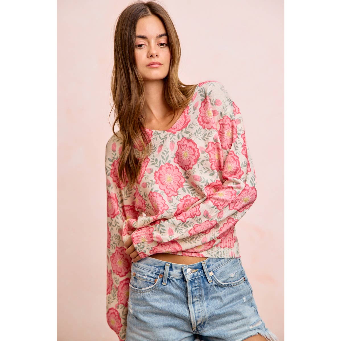 Flower Printed V-Neck Knit Top with Balloon Sleeves