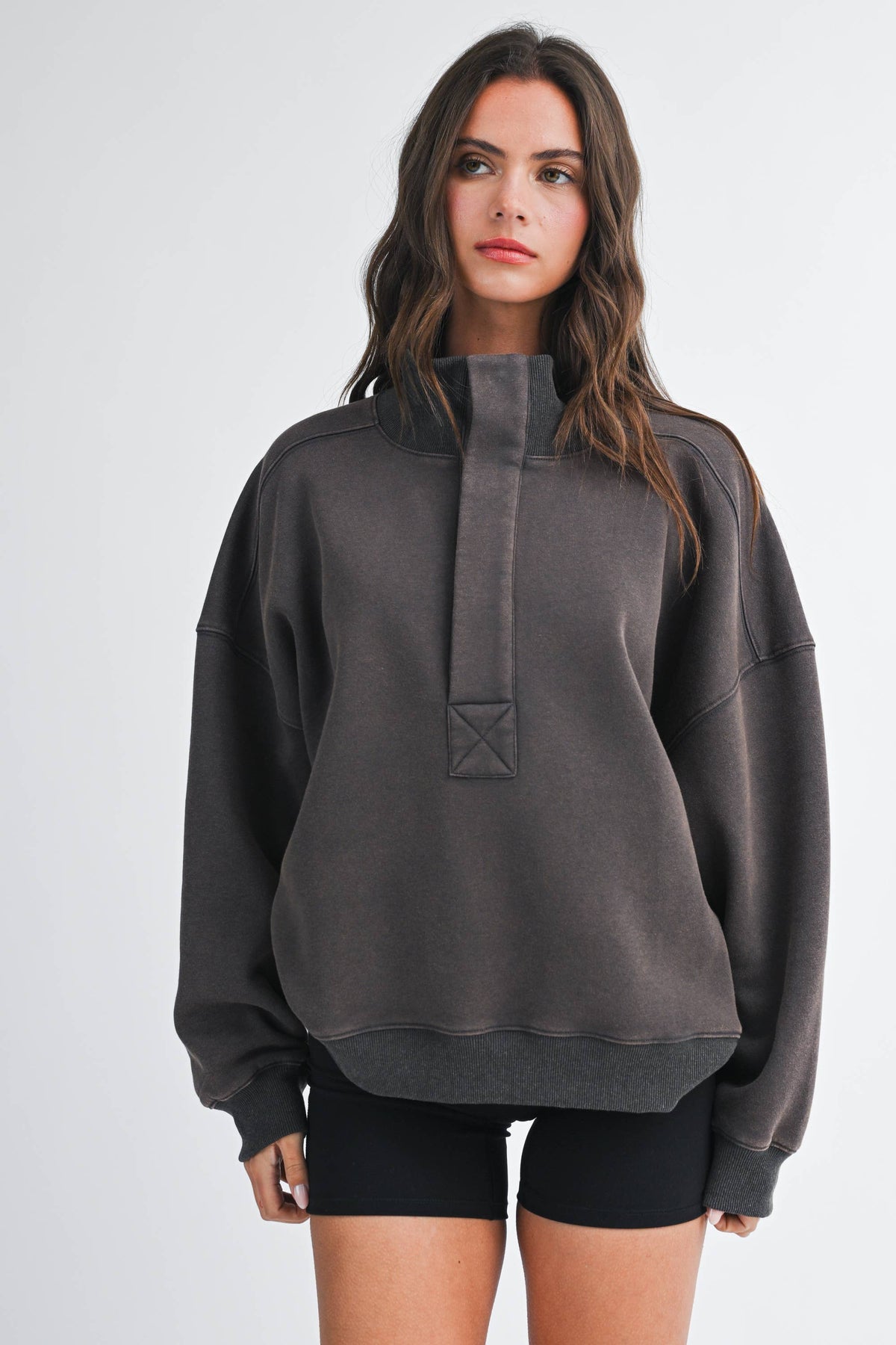 Oversized Snap Neck Pullover Sweatshirt