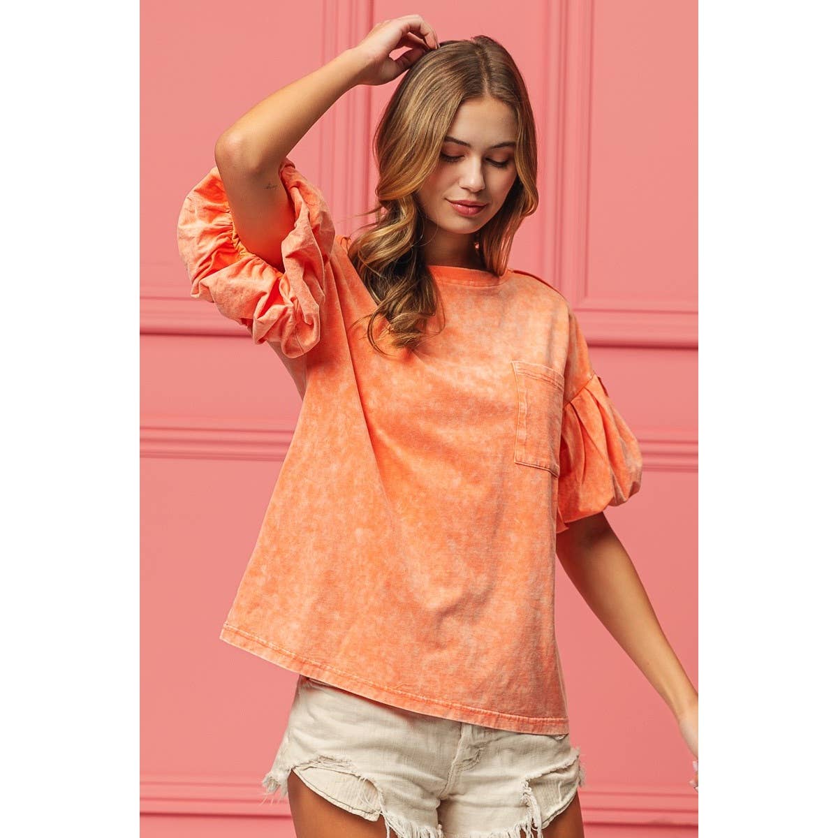 Mineral Washed Puff Sleeve Jersey Top