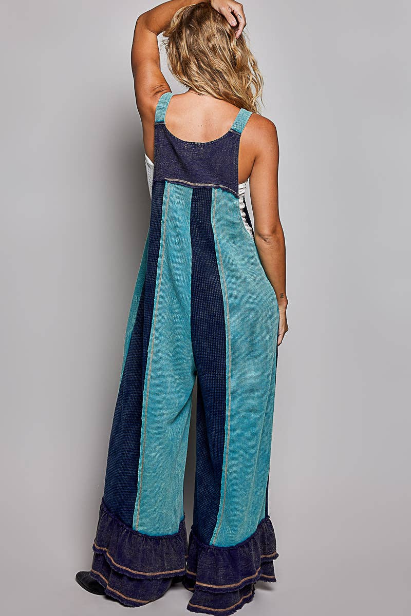 Indigo & Mint Ruffle-Trim Wide-Leg Overalls
