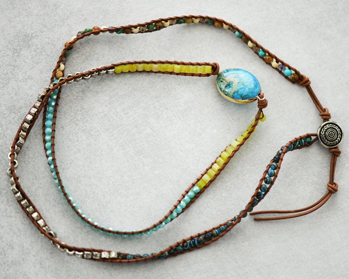 Leather Cord Wrap Bracelet, Healing Stone Bracelet - 4970