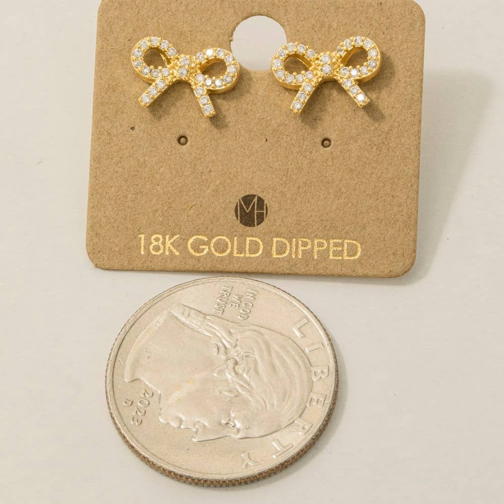 Gold Dipped Cz Pave Ribbon Bow Stud Earrings