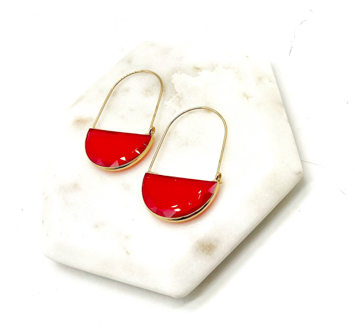 Red Crimson Gold Gem Hoop Earrings