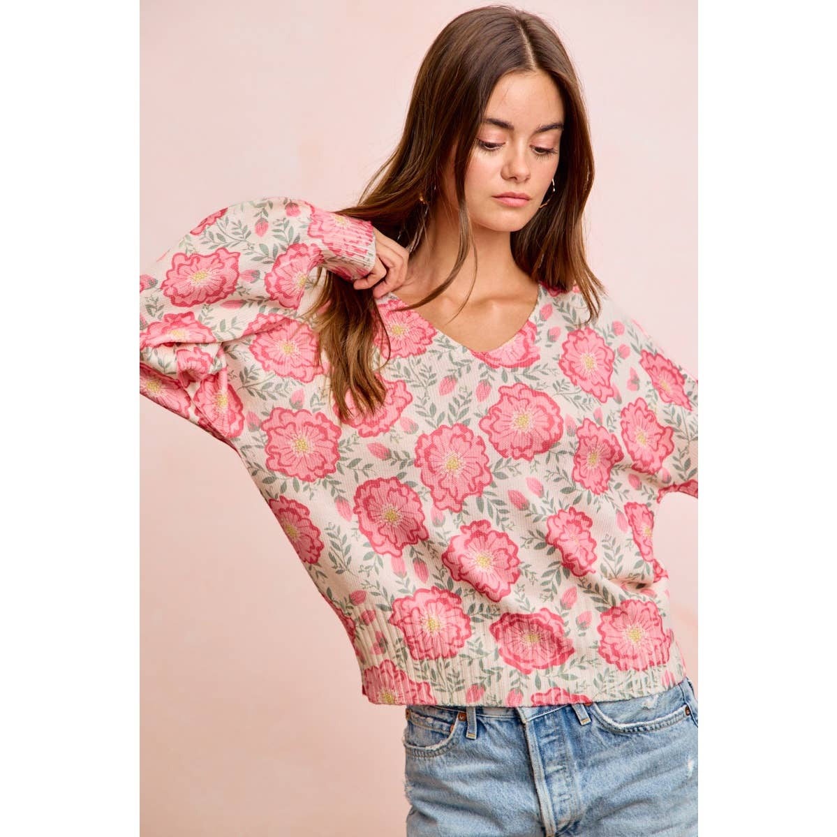 Flower Printed V-Neck Knit Top with Balloon Sleeves
