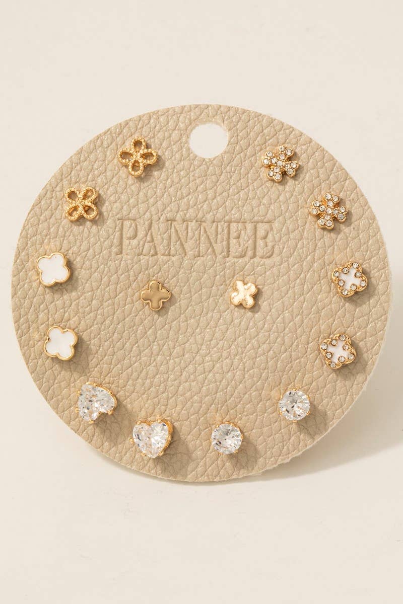 Mixed Pave And Enamel Clover Stud Earrings Set