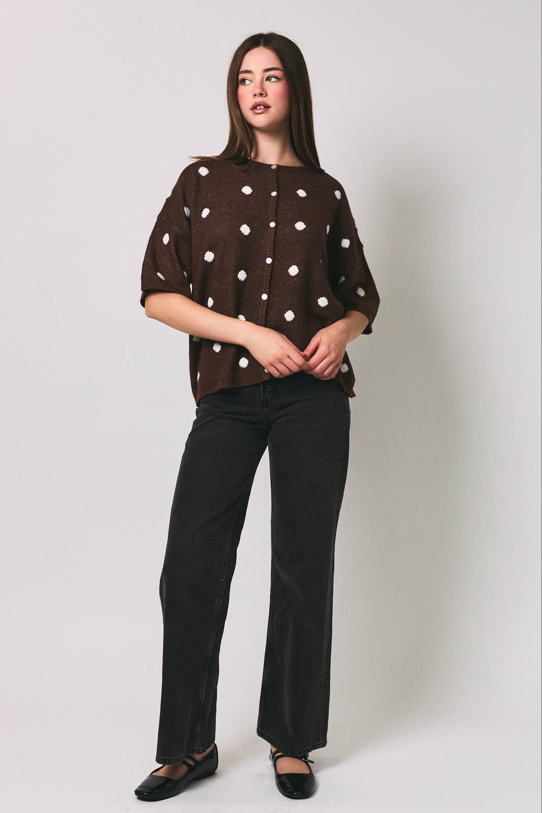SHORT SLEEVE CREW NECK POLKA DOT SWEATER CARDIGAN