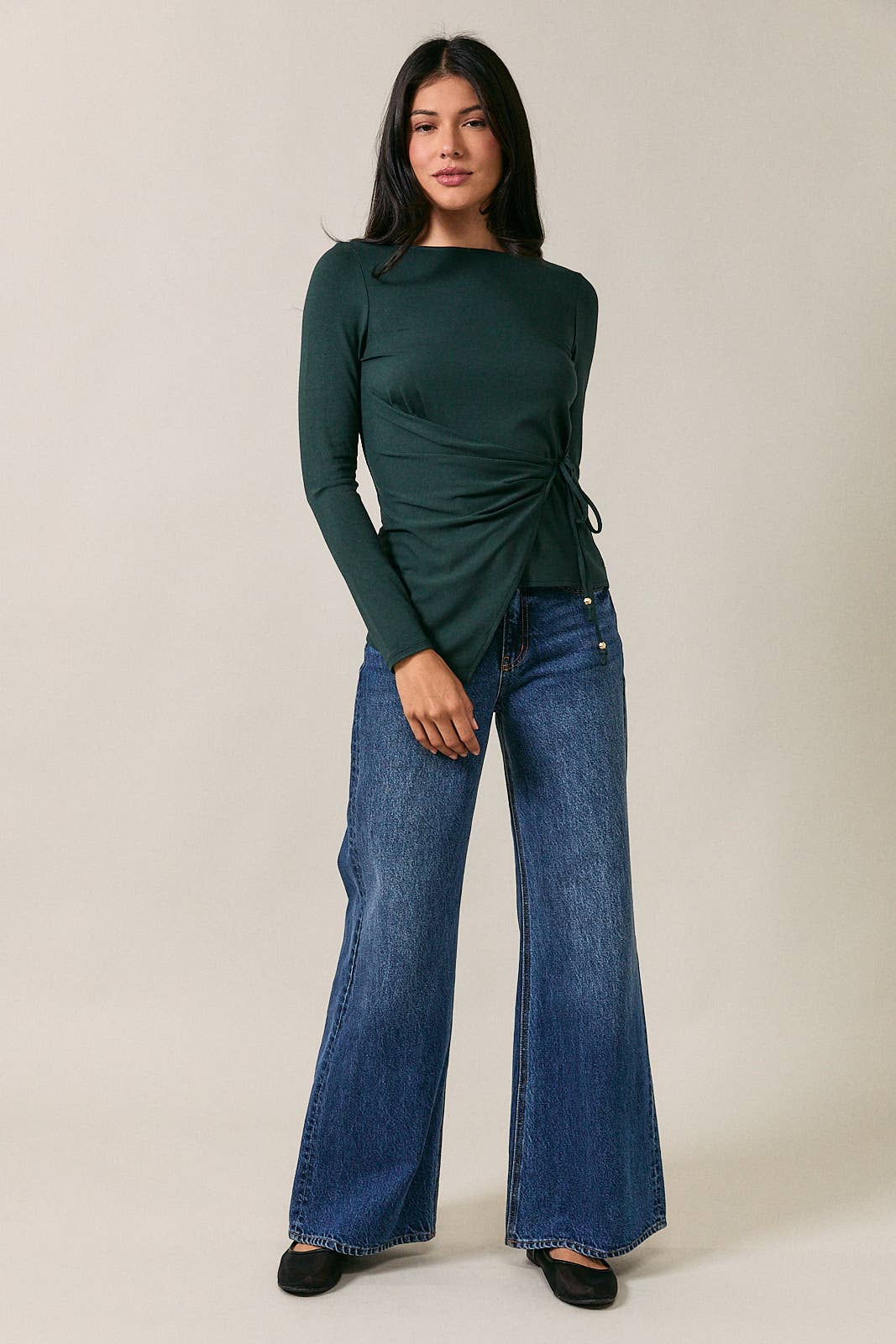 Boatneck Long Sleeve Asymmetric Pleats Side Tie Top