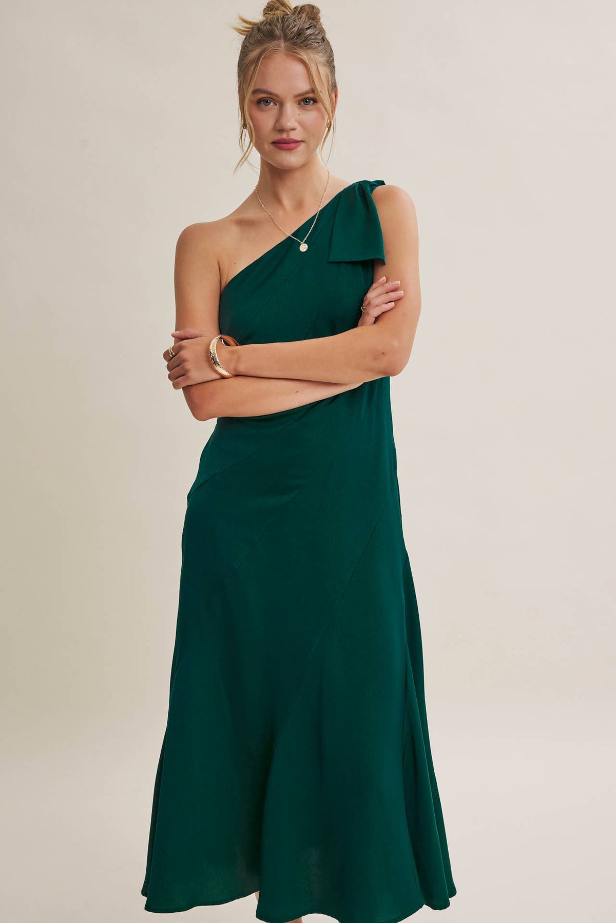 PARTY GLAM ONE-SHOULDER BOW MIDI DRESS W/ SCULPTING SEAM