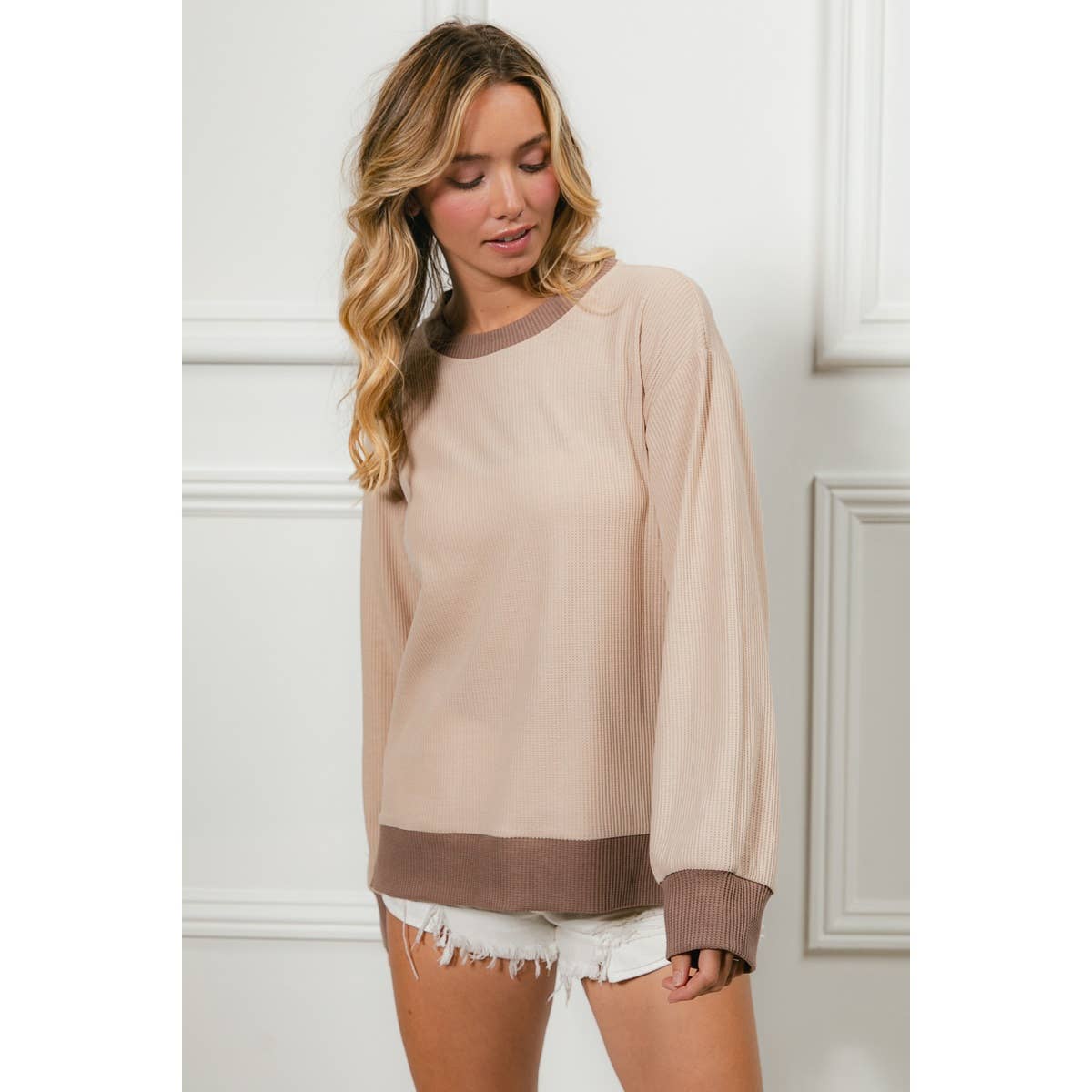 Color Block Waffle Thermal Pullover