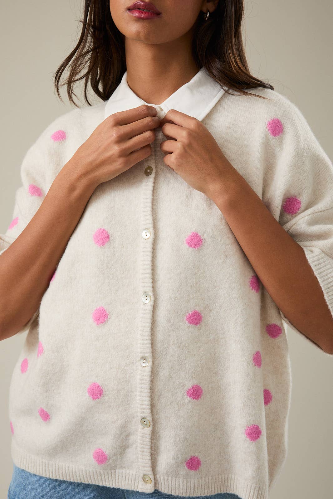 SHORT SLEEVE CREW NECK POLKA DOT SWEATER CARDIGAN