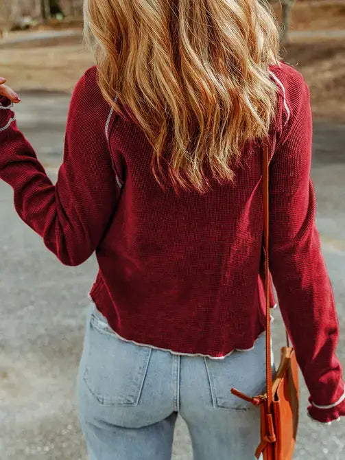 Textured Waffle Knit Casual Long Sleeve Pullover