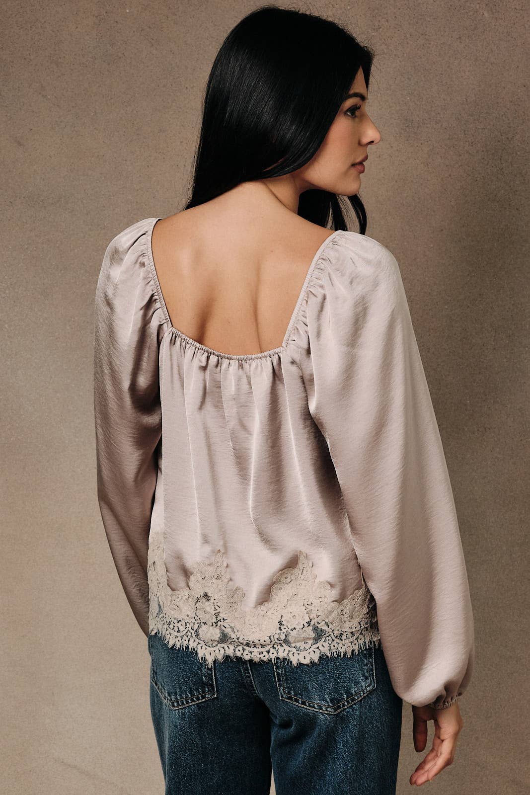 Square Neck Balloon Long Sleeve Lace Applique Hemline Blouse