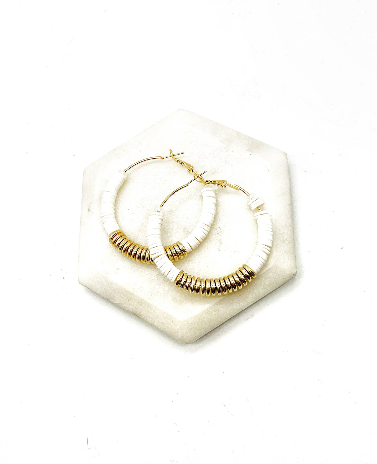White Gold Heishi Hoop Earrings