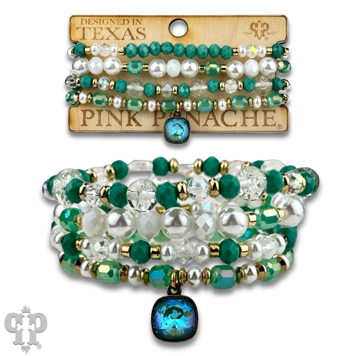 Pearl, glass and gold bead bracelet with Austrian crystal
