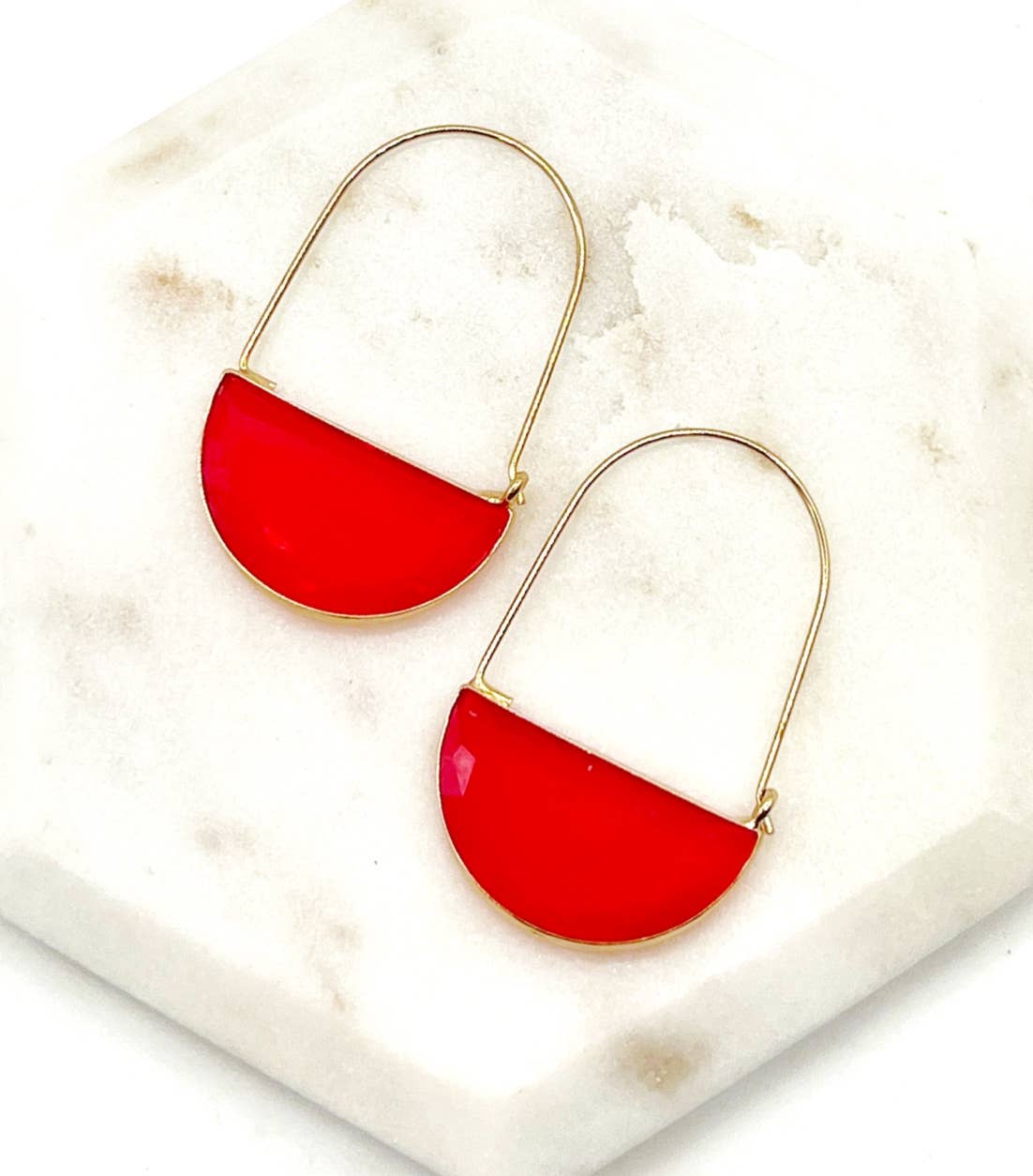 Red Crimson Gold Gem Hoop Earrings
