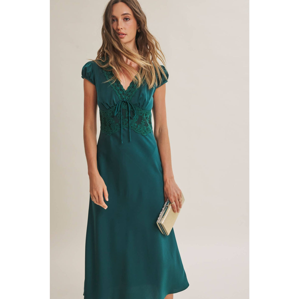 Graceful Drape Bias Cut Silky Satin Lace Midi Dress