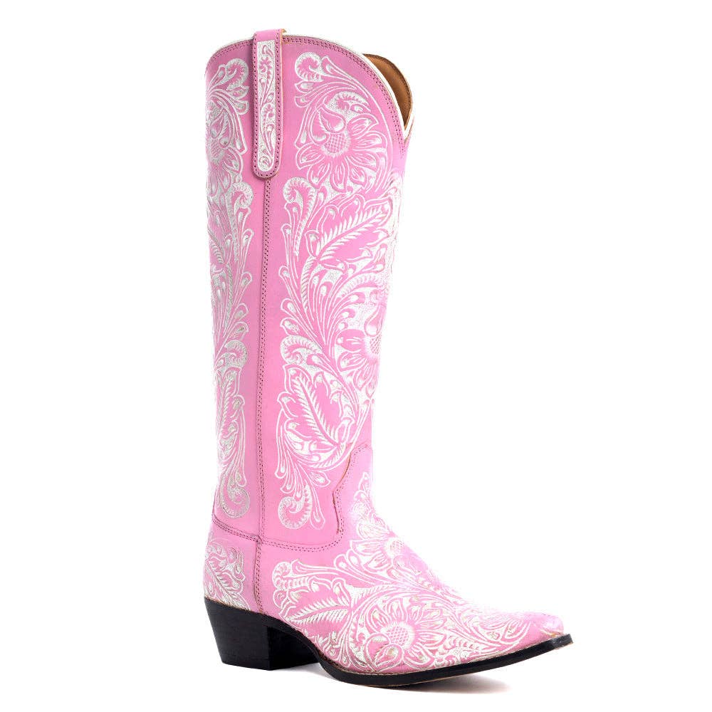 Pink Hand-Tooled Floral Western Boots