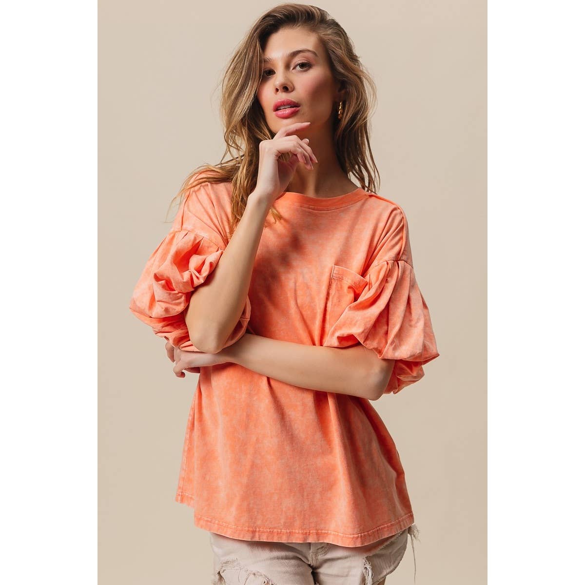 Mineral Washed Puff Sleeve Jersey Top