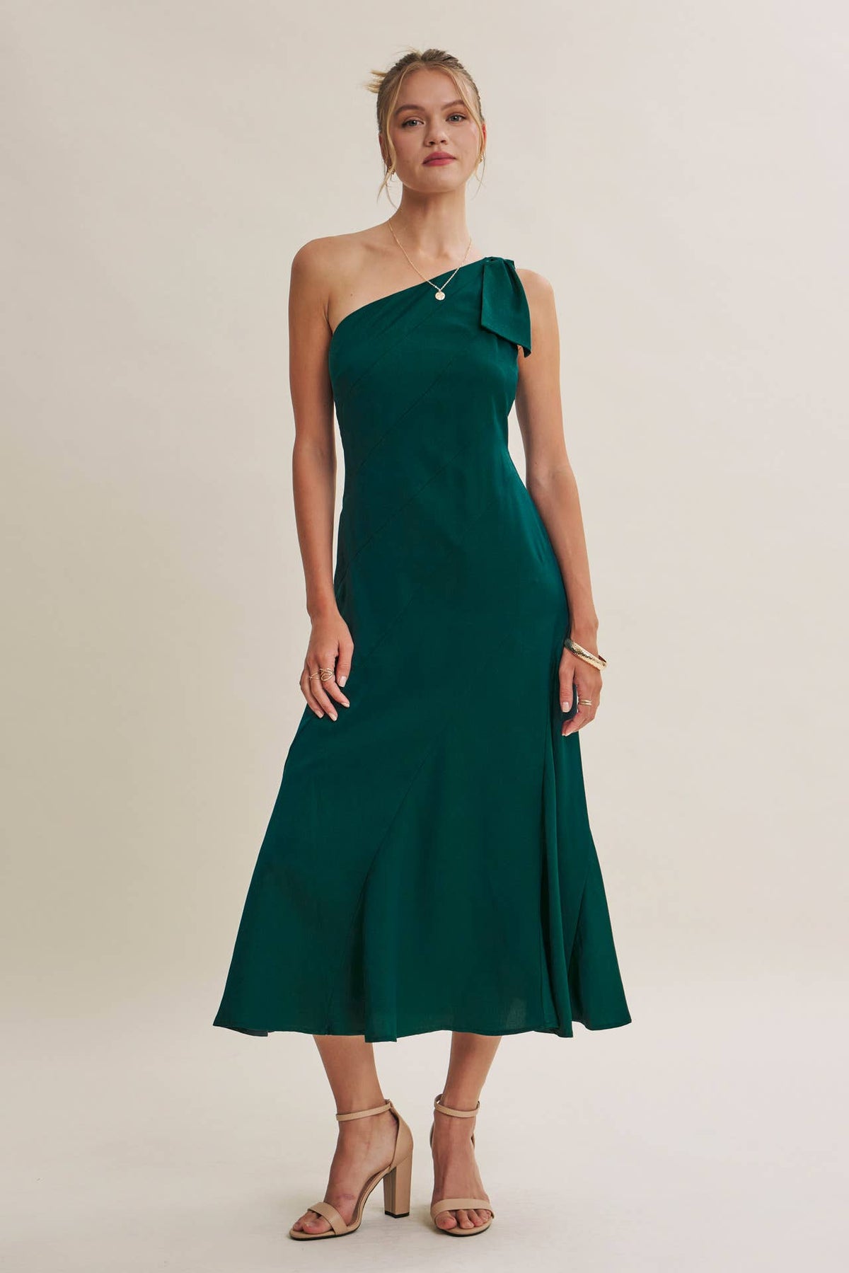 PARTY GLAM ONE-SHOULDER BOW MIDI DRESS W/ SCULPTING SEAM