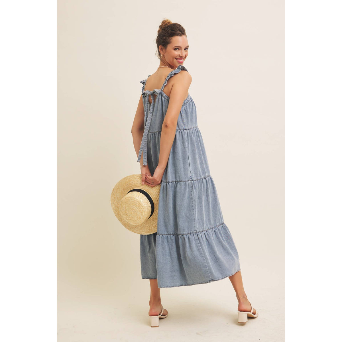 DENIM WASHED MIDI DRESS WITH RUFFLES AND BACK BOW