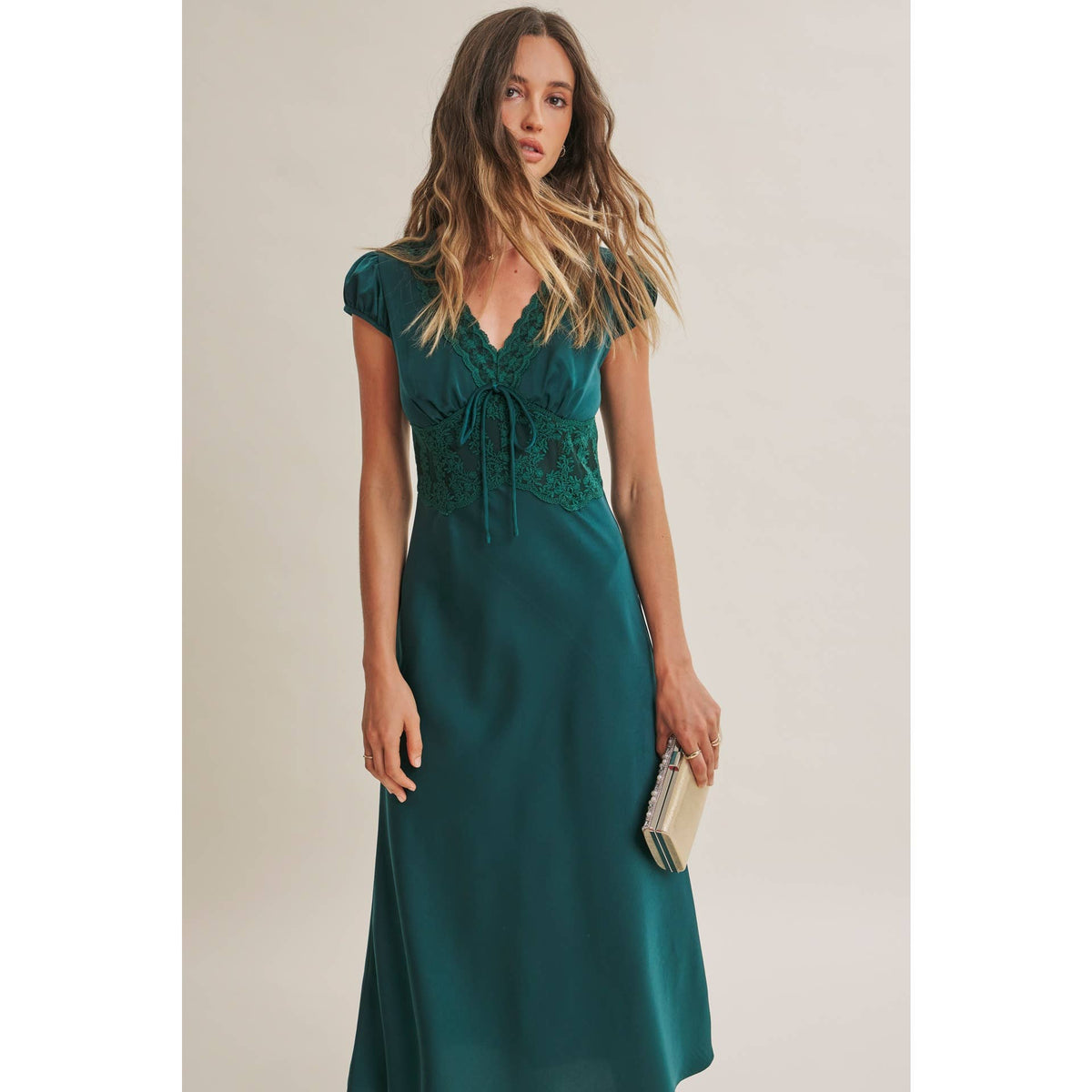 Graceful Drape Bias Cut Silky Satin Lace Midi Dress