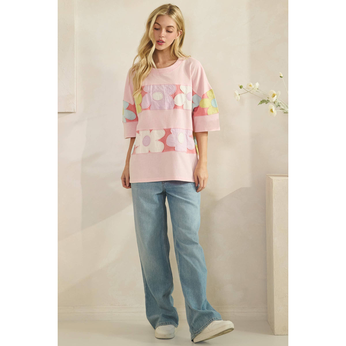 PASTEL FLORAL PATCHWORK OVERSIZED TEE (ST7836)