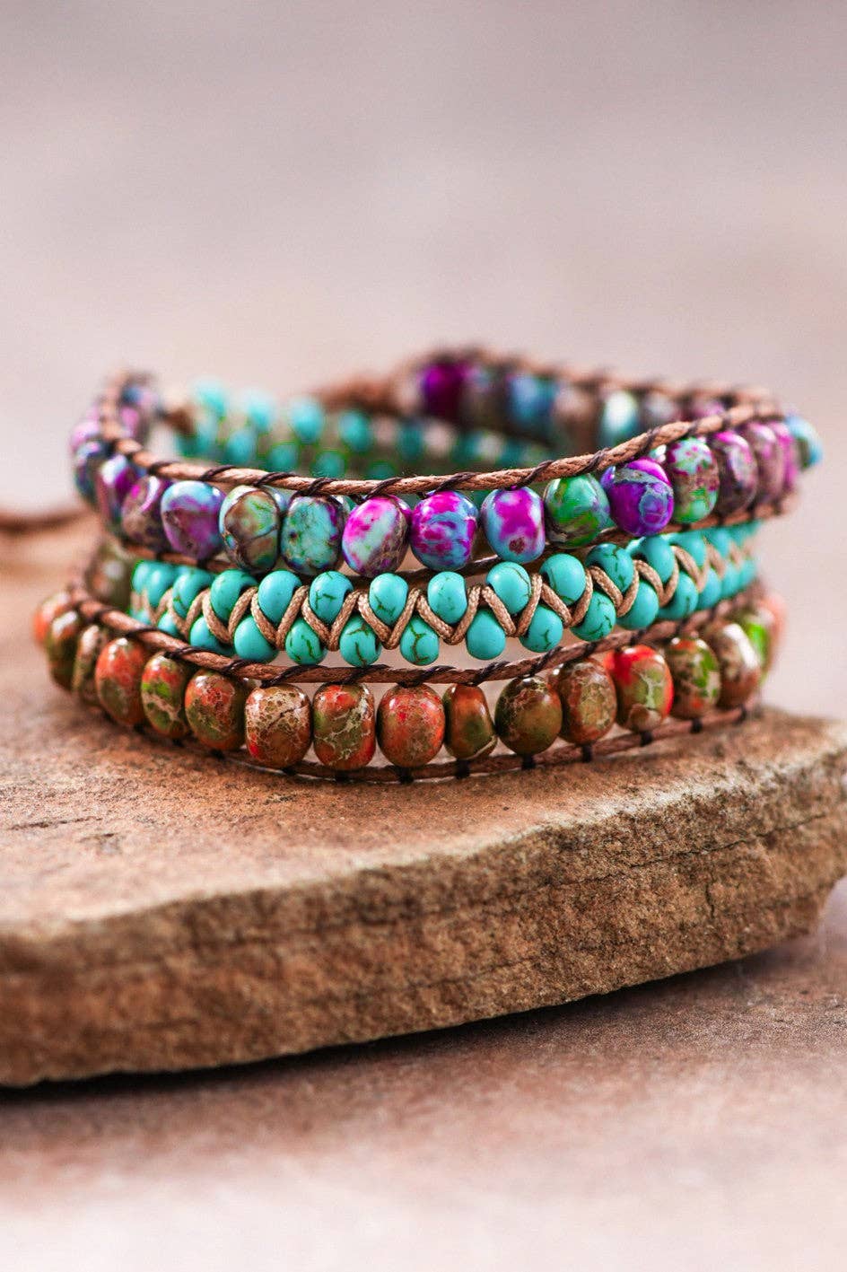 Leather Cord Wrap Bracelet, Healing Stone Bracelet - 7509