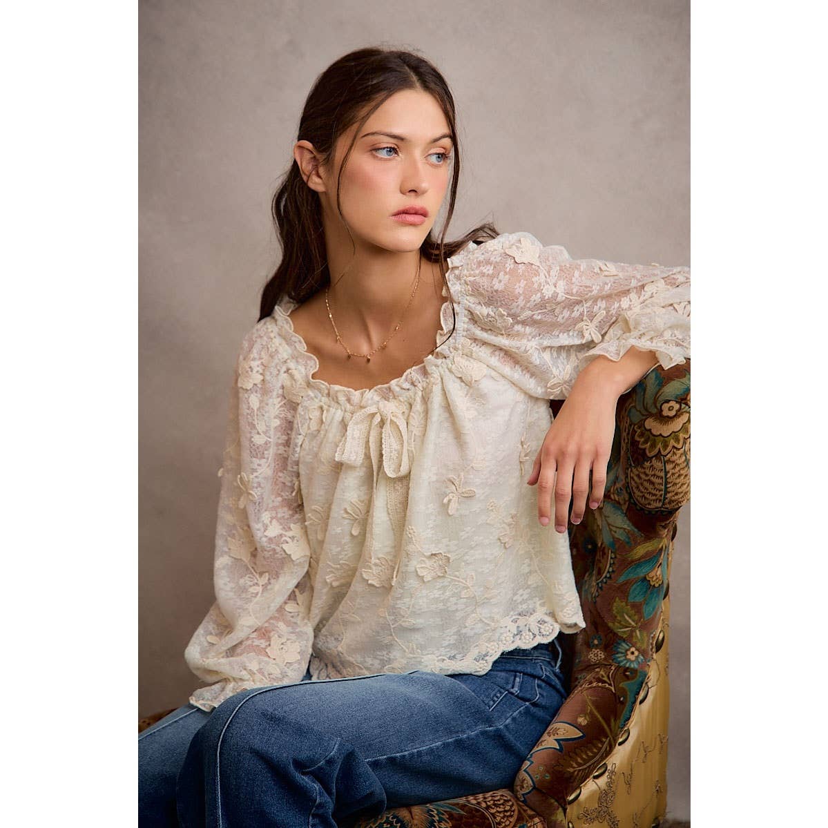 3D Floral Lace Scallop Edge Long Sleeve Blouse