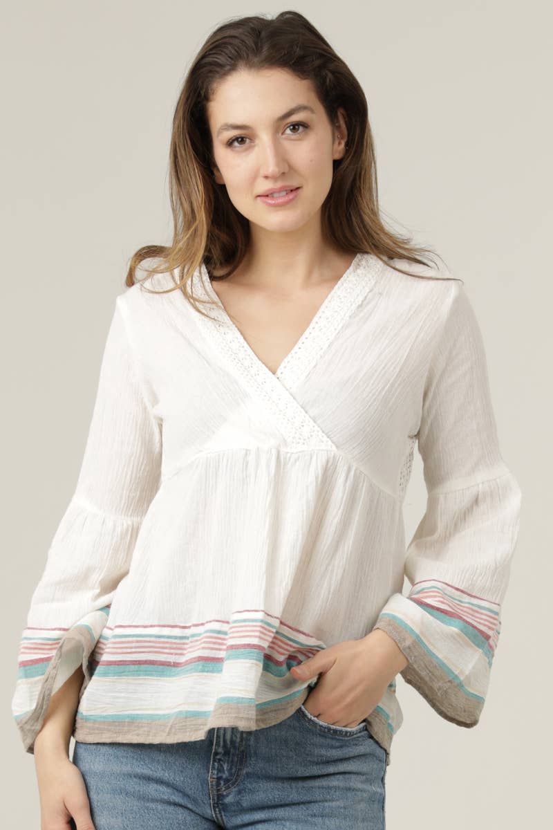 Lace Trim Lace Back V-Neck Flare Sleeve Stripe Top