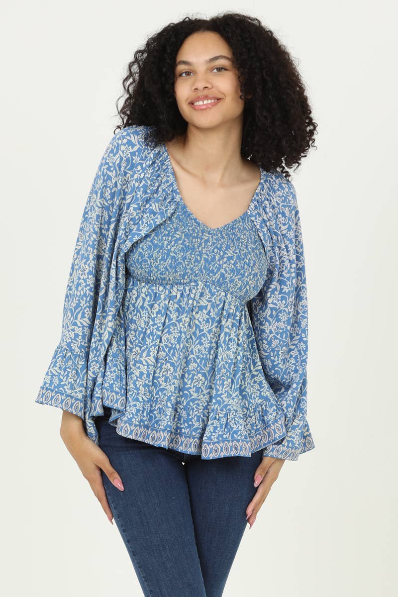 V-Neck Smocked Bust Wide Sleeve Blouse