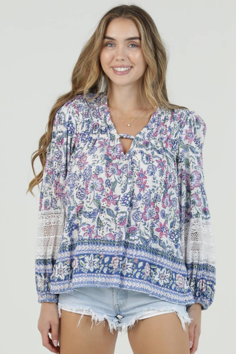 Eyelet Embroidered Printed Lace Trim Blouse