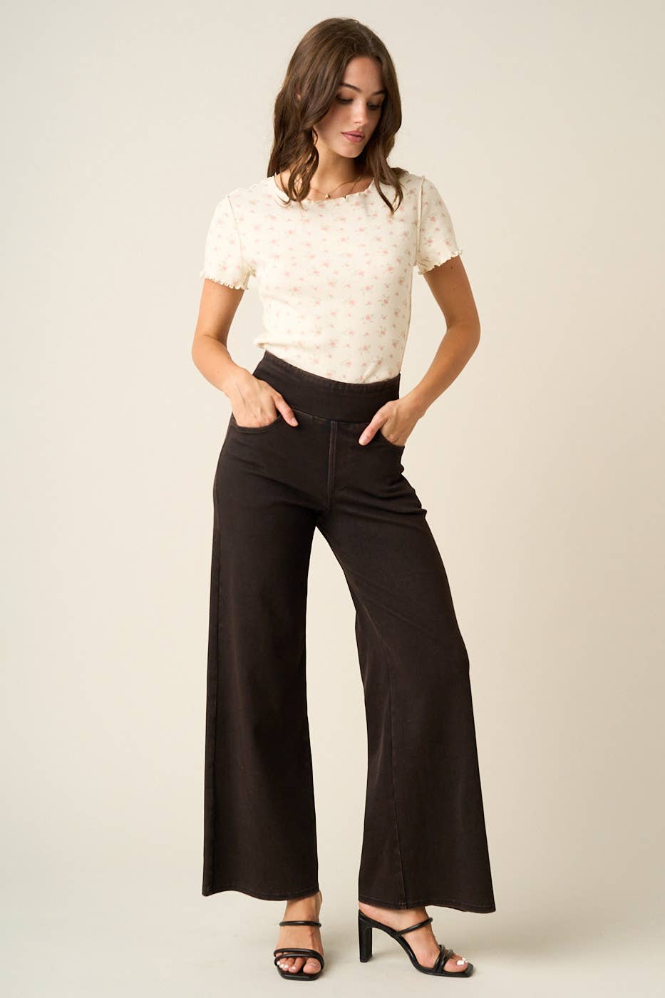 WASHED DENIM ELASTIC WAISTBAND WIDE LEG PANTS
