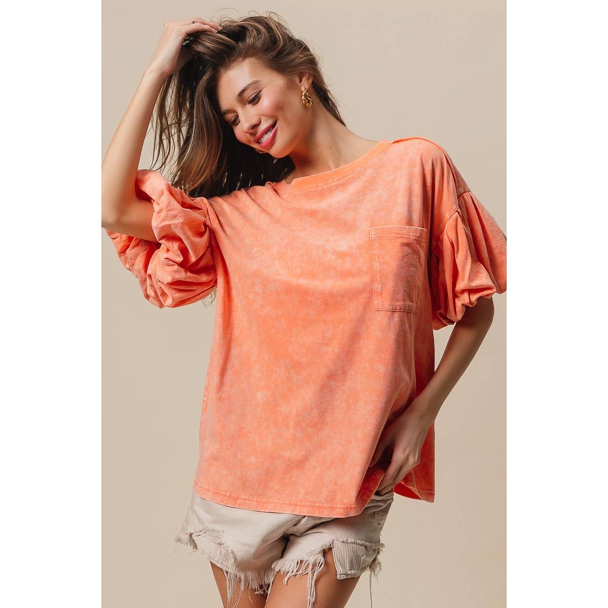 Mineral Washed Puff Sleeve Jersey Top