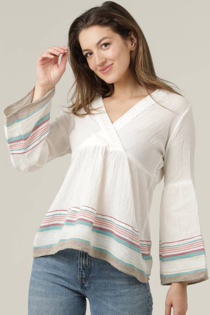 Lace Trim Lace Back V-Neck Flare Sleeve Stripe Top