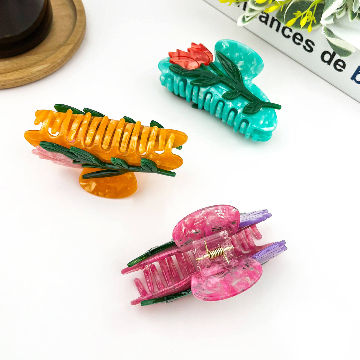 Acetate Tulip Hair Clip, 3D Flower Half-Round Claw Clip