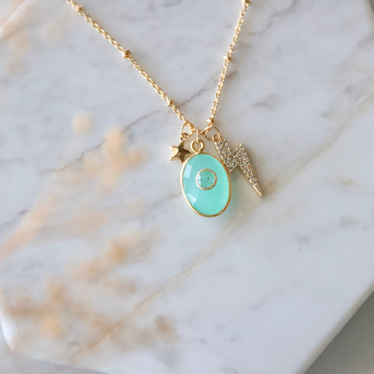 Aqua Chalcedony CZ Lightning Bolt Necklace