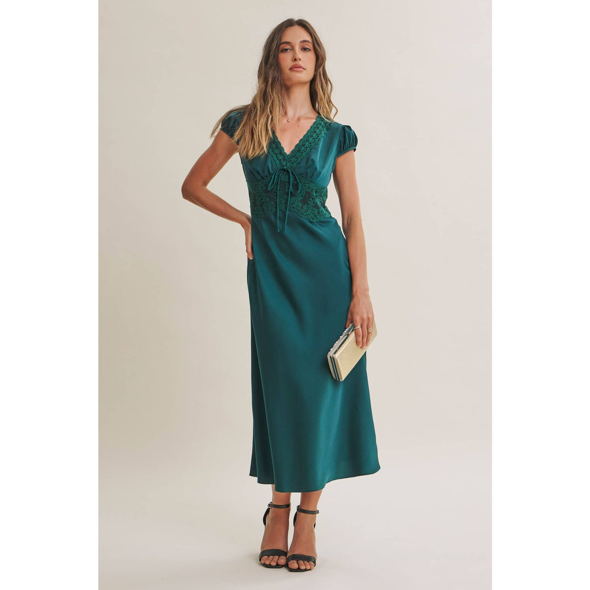 Graceful Drape Bias Cut Silky Satin Lace Midi Dress
