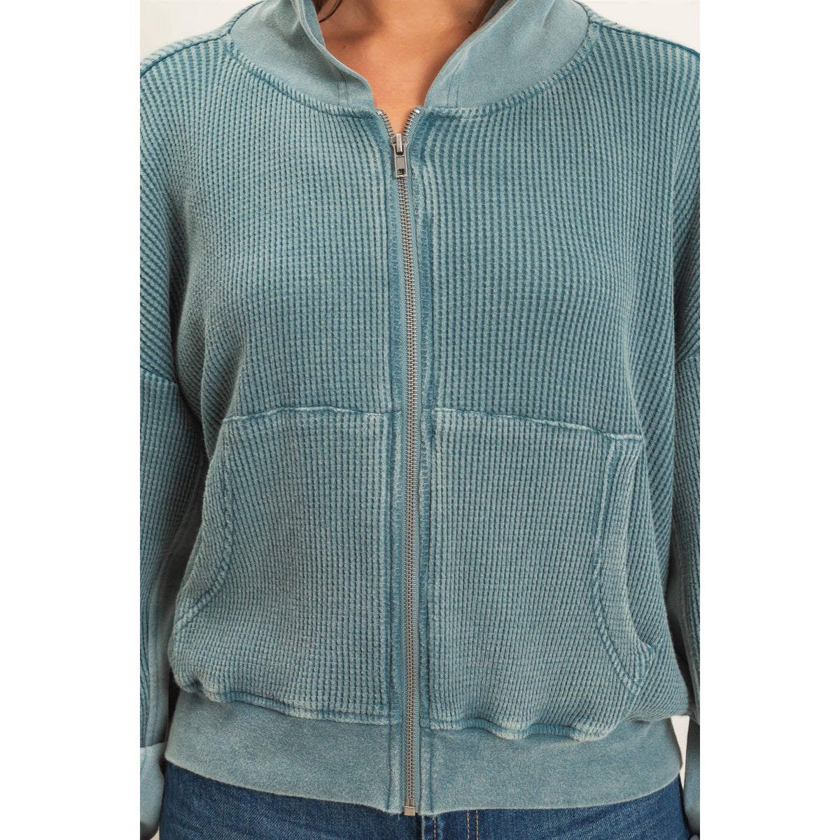 Acid Wash Waffle Knit Zip-Up Hoodie
