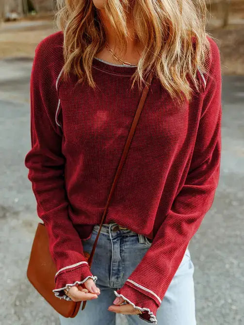 Textured Waffle Knit Casual Long Sleeve Pullover
