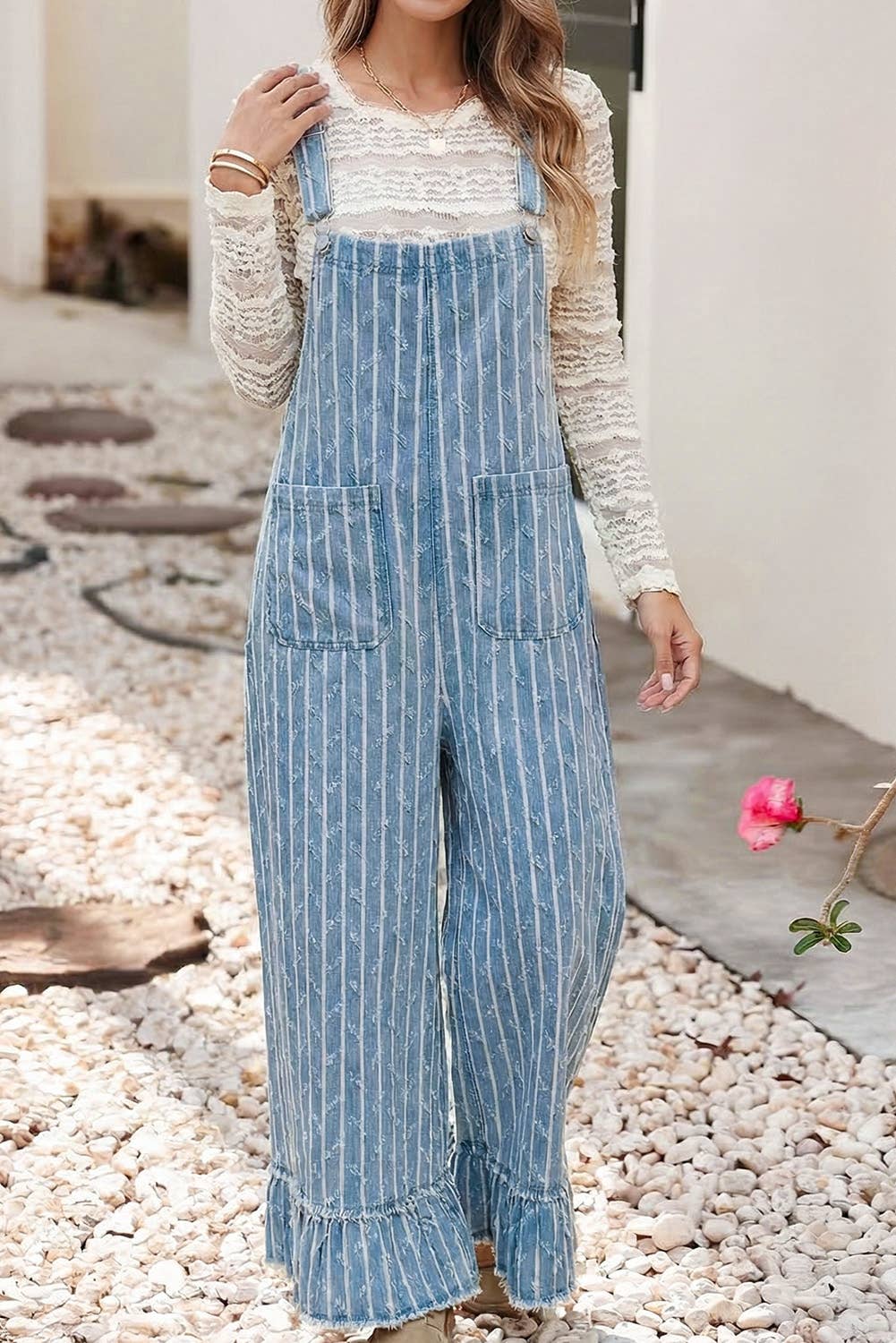 Striped Distressed Ruffled Wide Leg Denim Overalls