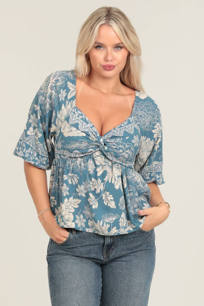 Twist Front Floral Print Blouse