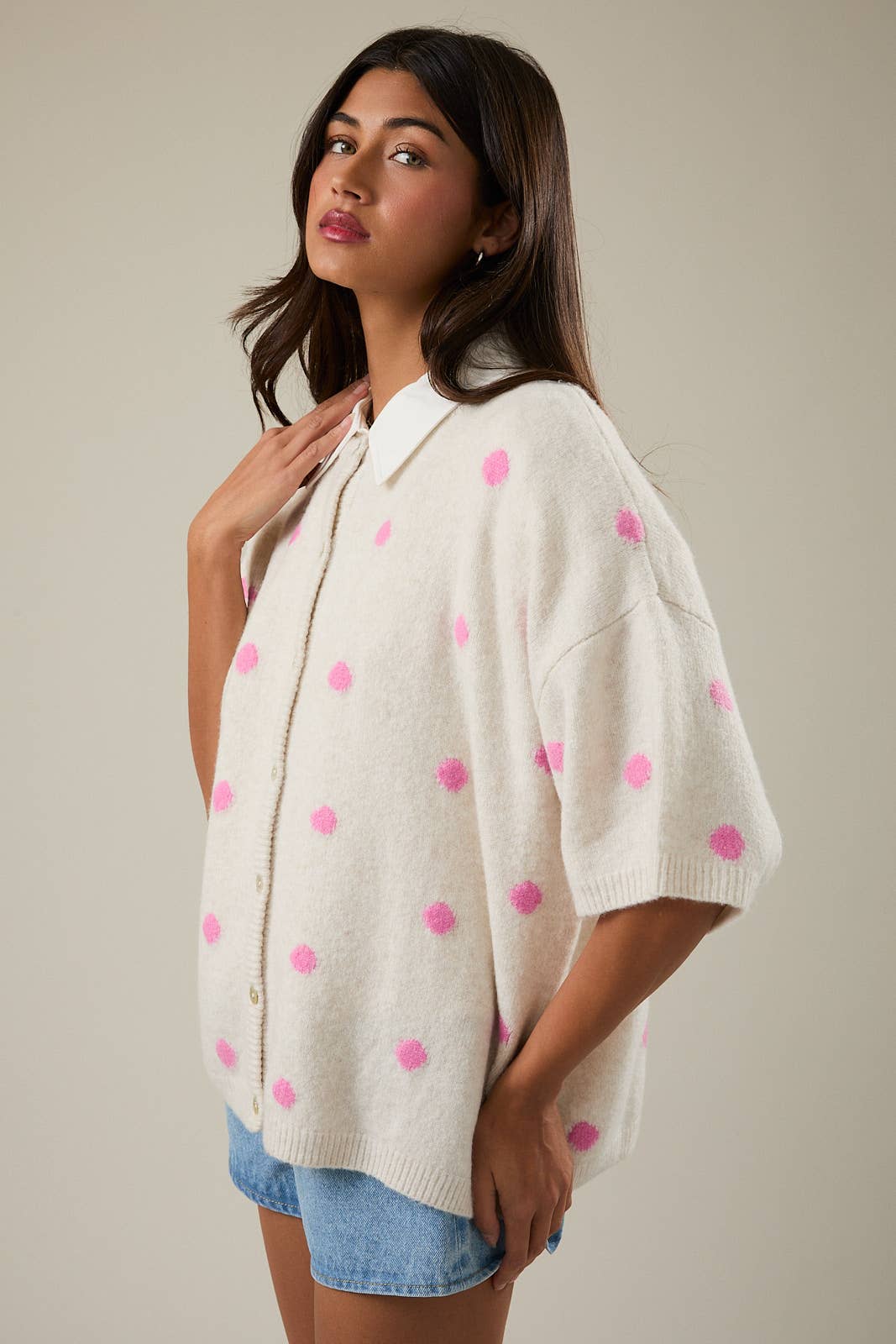 SHORT SLEEVE CREW NECK POLKA DOT SWEATER CARDIGAN