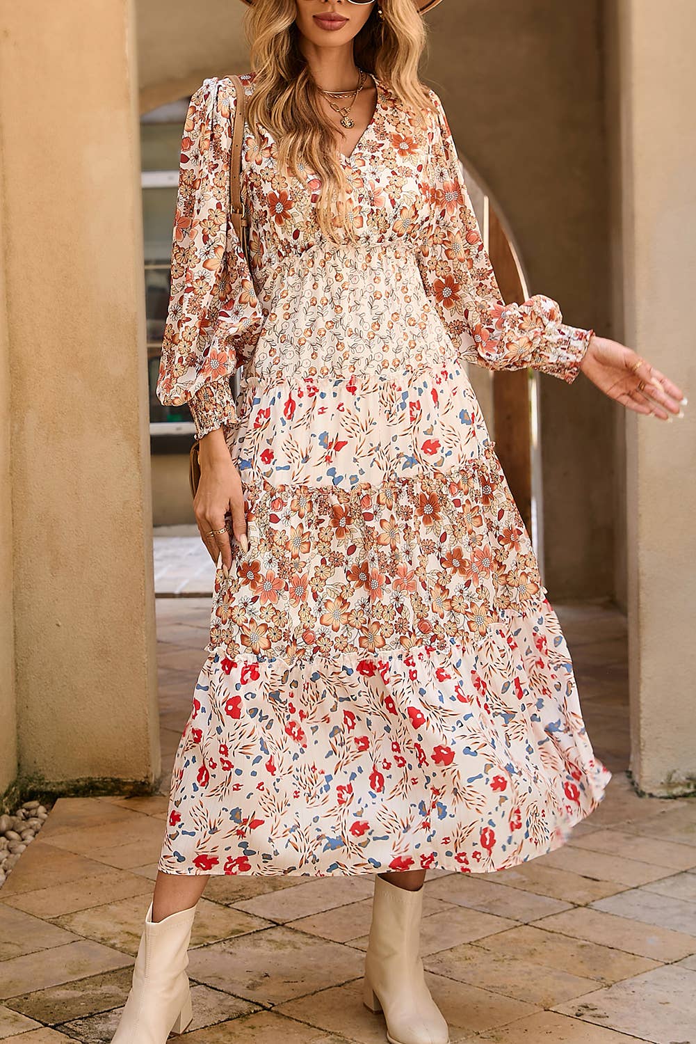 Floral Print Ruffled Tiered Long Sleeve Midi Dress