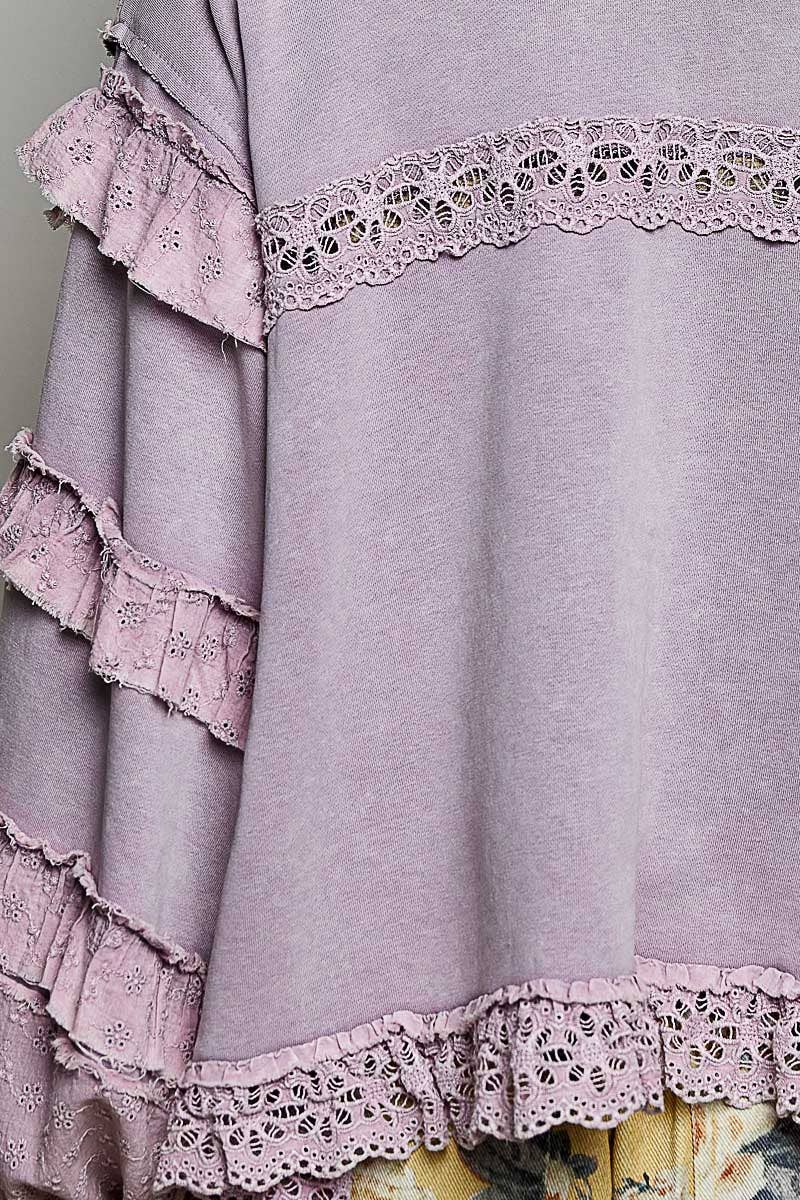 French Terry Eyelet Ruffle Vintage Washing Solid Knit Top