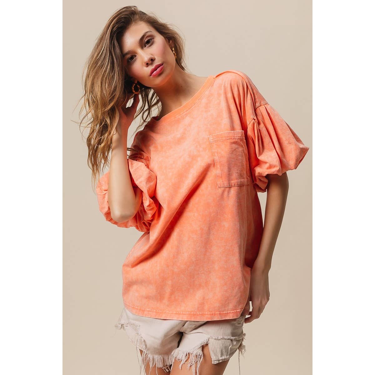 Mineral Washed Puff Sleeve Jersey Top